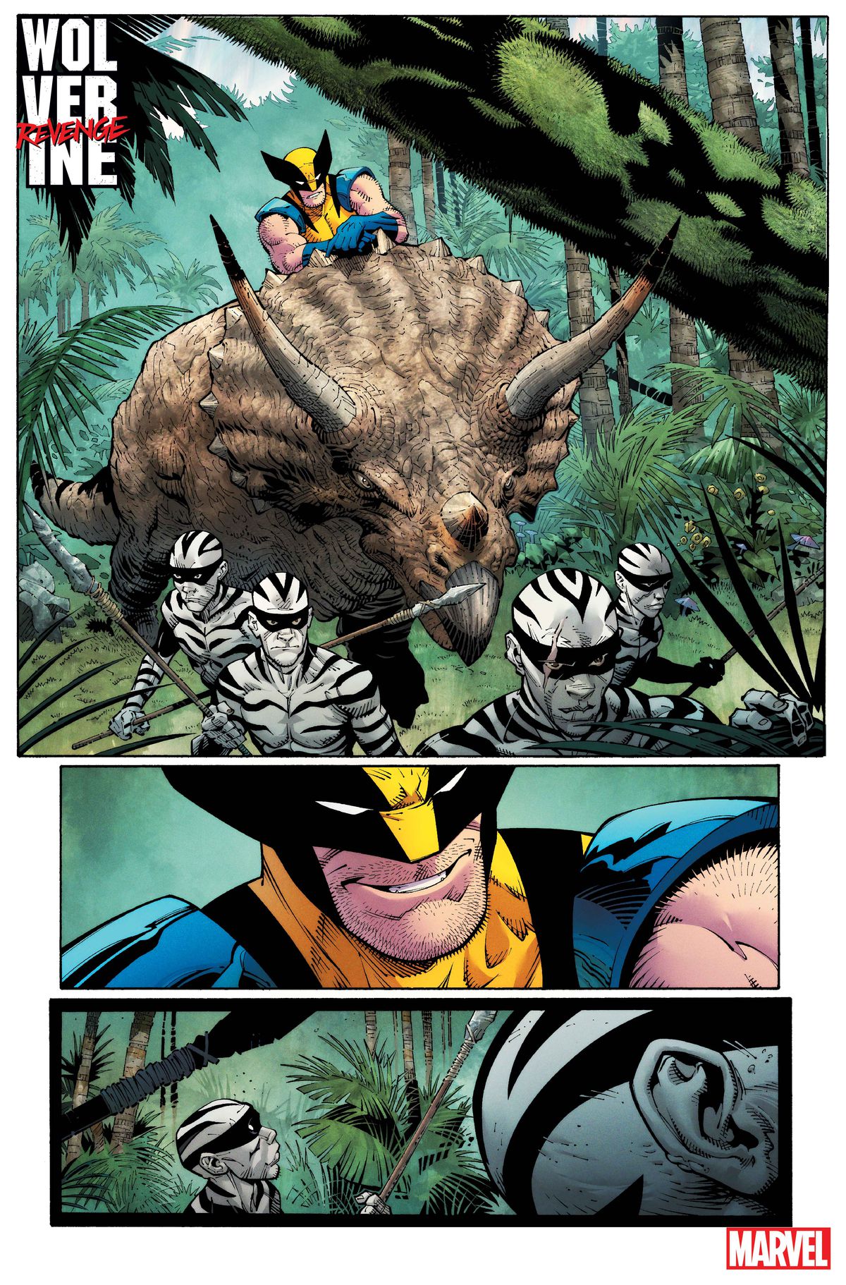 Wolverine jeździ na triceratopsie po dzikiej krainie w towarzystwie członków Ludu Zebry w Wolverine: Revenge #1.