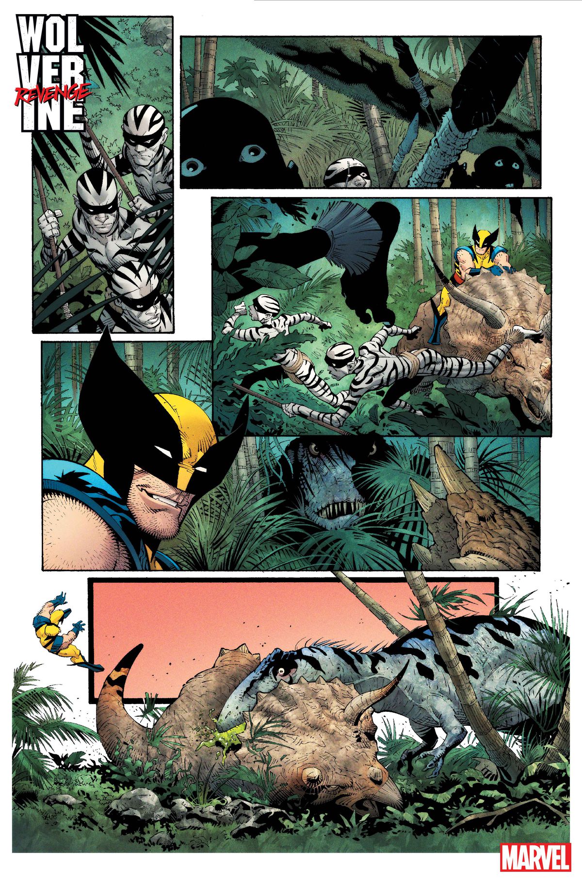 Ludzie zebry uciekają, gdy Wolverine patrzy z uśmiechem, jak ogromny dinozaur typu teropoda wyskakuje z ukrycia i powala swojego wierzchowca ceratopsa, zrzucając go z siebie w Wolverine: Revenge #1.