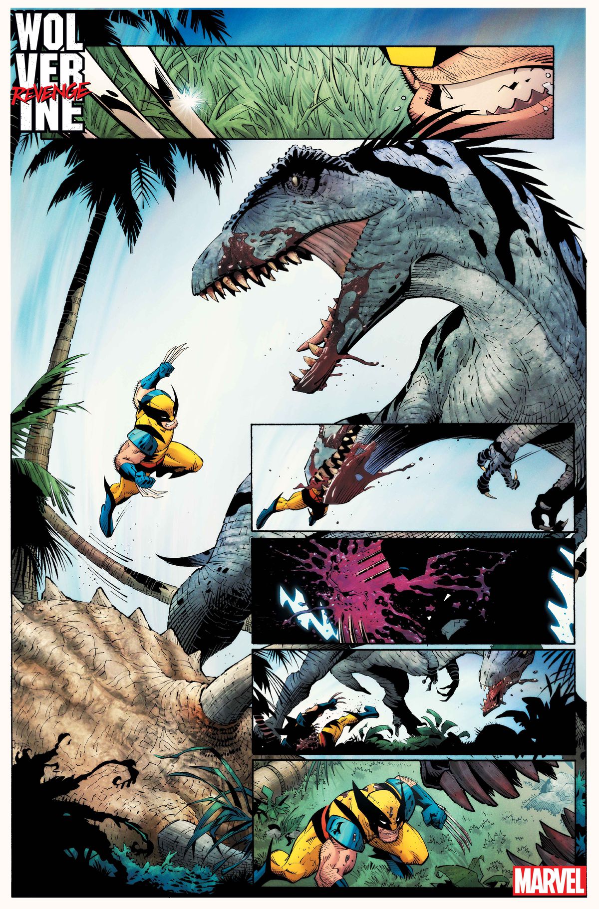 Wolverine wysuwa pazury i skacze na dinozaura typu terapod, stojącego nad świeżym zabitym triceratopsem.  Łapie Wolverine'a w szczękach, ale potem wypluwa go, gdy Wolverine przecina go pazurami, w Wolverine: Revenge #1.