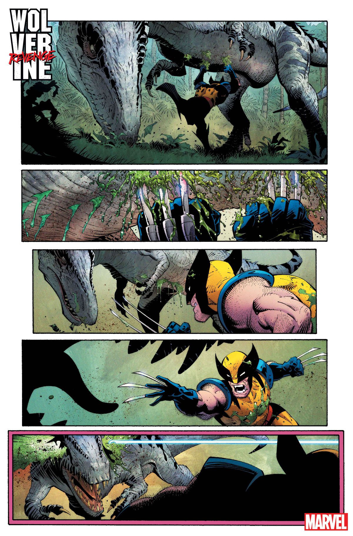 Wolverine biegnie pod dinozaurem typu terapoda, tnąc jego brzuch pazurami.  On i dinozaur ścierają się i mają zamiar ponownie się zderzyć, gdy z panelu zewnętrznego wystrzeliwuje jakiś pocisk lub laser, przebijając głowę dinozaura od oka do oka, w Wolverine: Revenge #1.