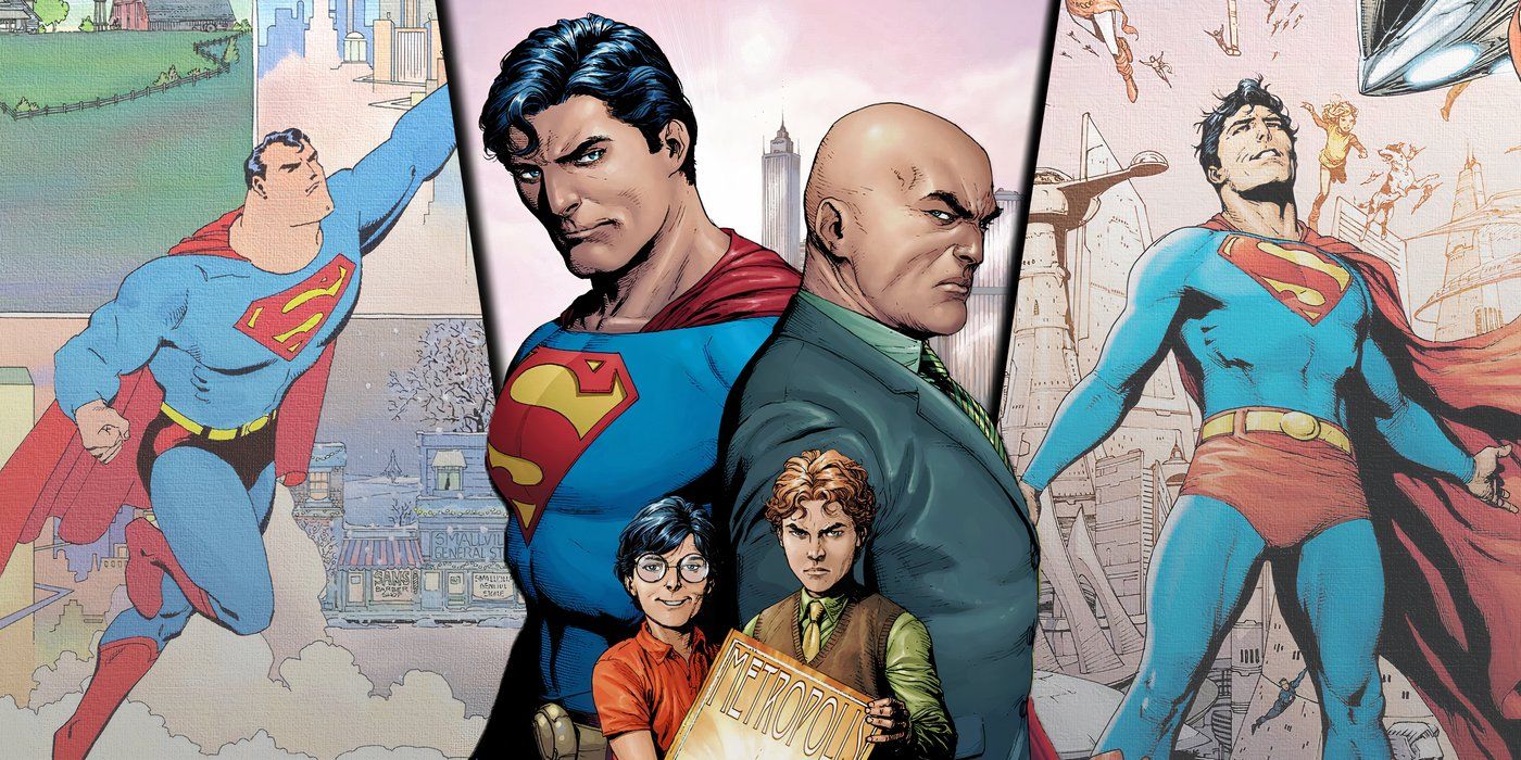 Podzielony obraz okładek komiksów Superman For All Seasons, Superman Secret Origins i Superman: World of New Krypton