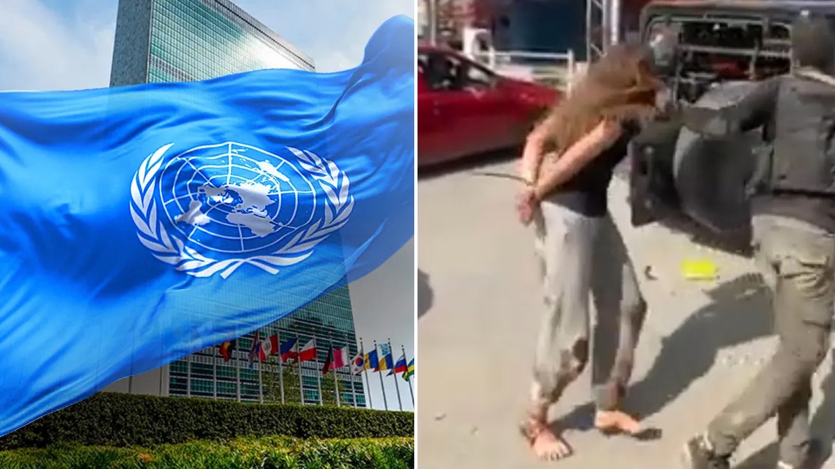 Podzielony obraz flagi Organizacji Narodów Zjednoczonych nad budynkiem Organizacji Narodów Zjednoczonych, tył kobiety porwany przez Hamas