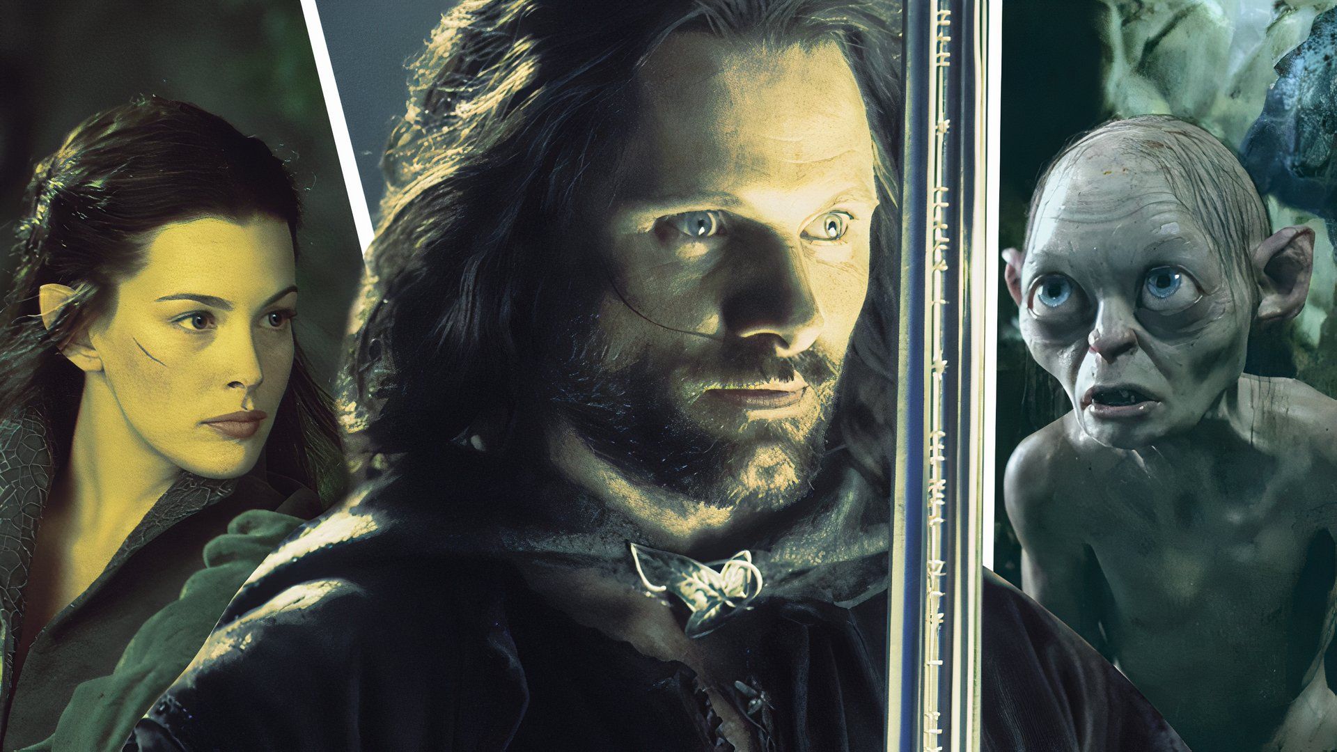 Zmieniony obraz Viggo Mortensena jako Aragorna, Liv Tyler jako Arweny i Andy'ego Serkisa jako Golluma we Władcy Pierścieni