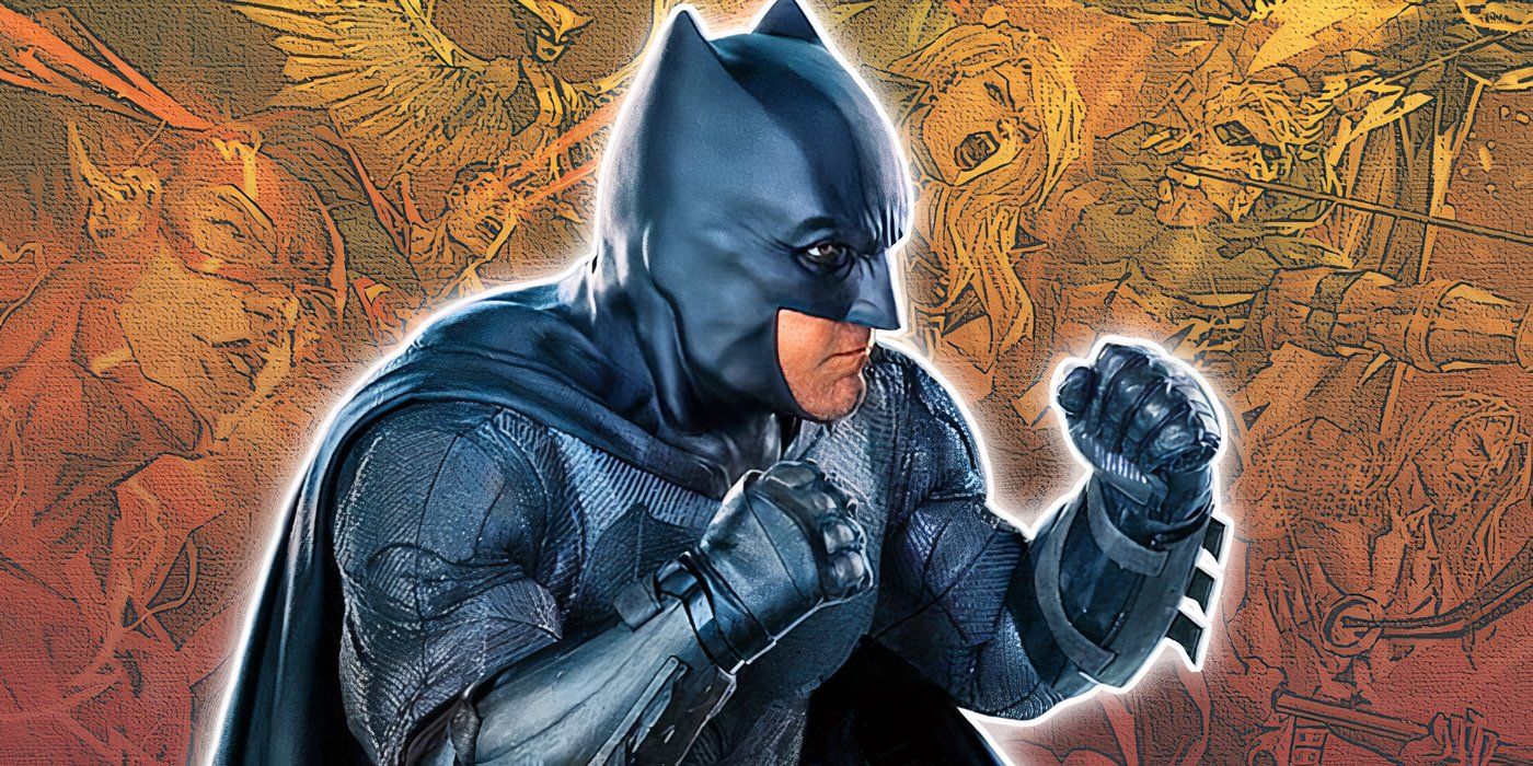 Ben Affleck w roli Batmana z komiksem Liga Sprawiedliwości w tle