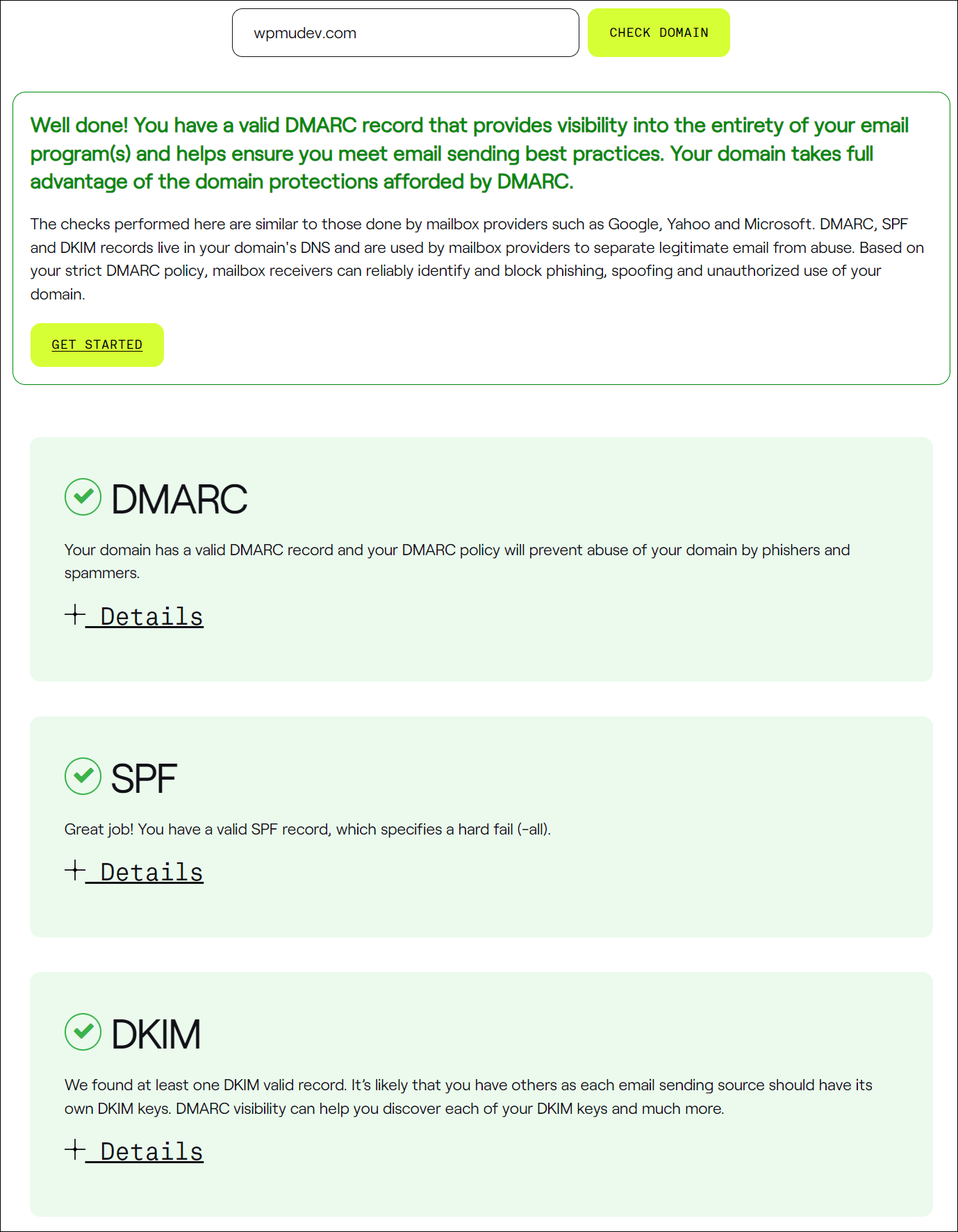 Wyniki sprawdzania domeny DMARC