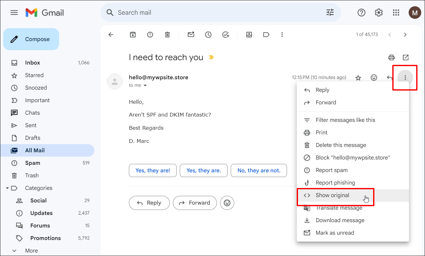 Gmail - pokaż wybraną oryginalną opcję menu.