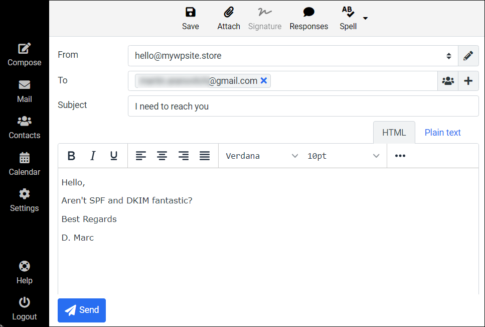 Przykład wiadomości e-mail utworzonej w Webmailu.