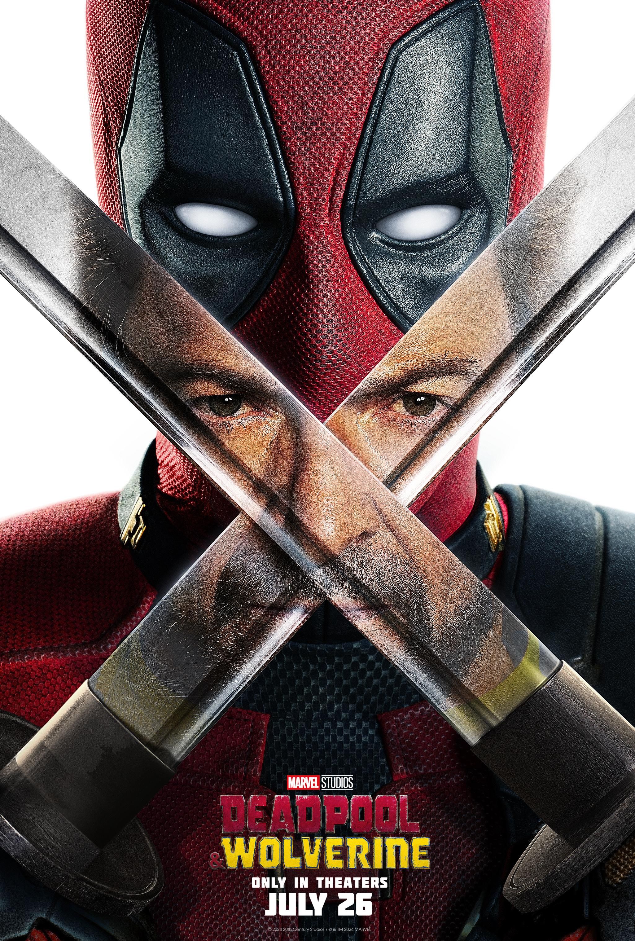 Plakat Deadpoola i Wolverine'a przedstawiający miecze Wade'a Wilsona i odbicie Hugh Jackmana