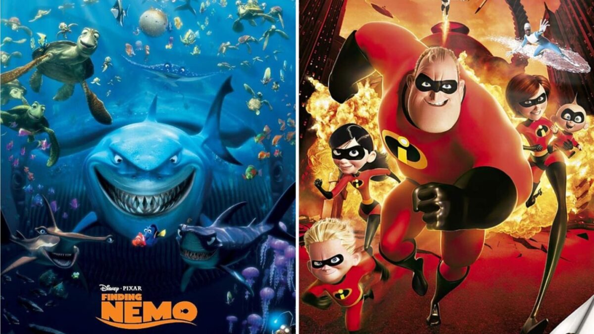 Podzielony obraz: lewa strona przedstawia obraz Pixara "Gdzie jest Nemo" plakat filmowy z podwodnymi postaciami, a po prawej stronie plakat Pixara "Iniemamocni" plakat filmowy z rodziną superbohaterów w pozach akcji.