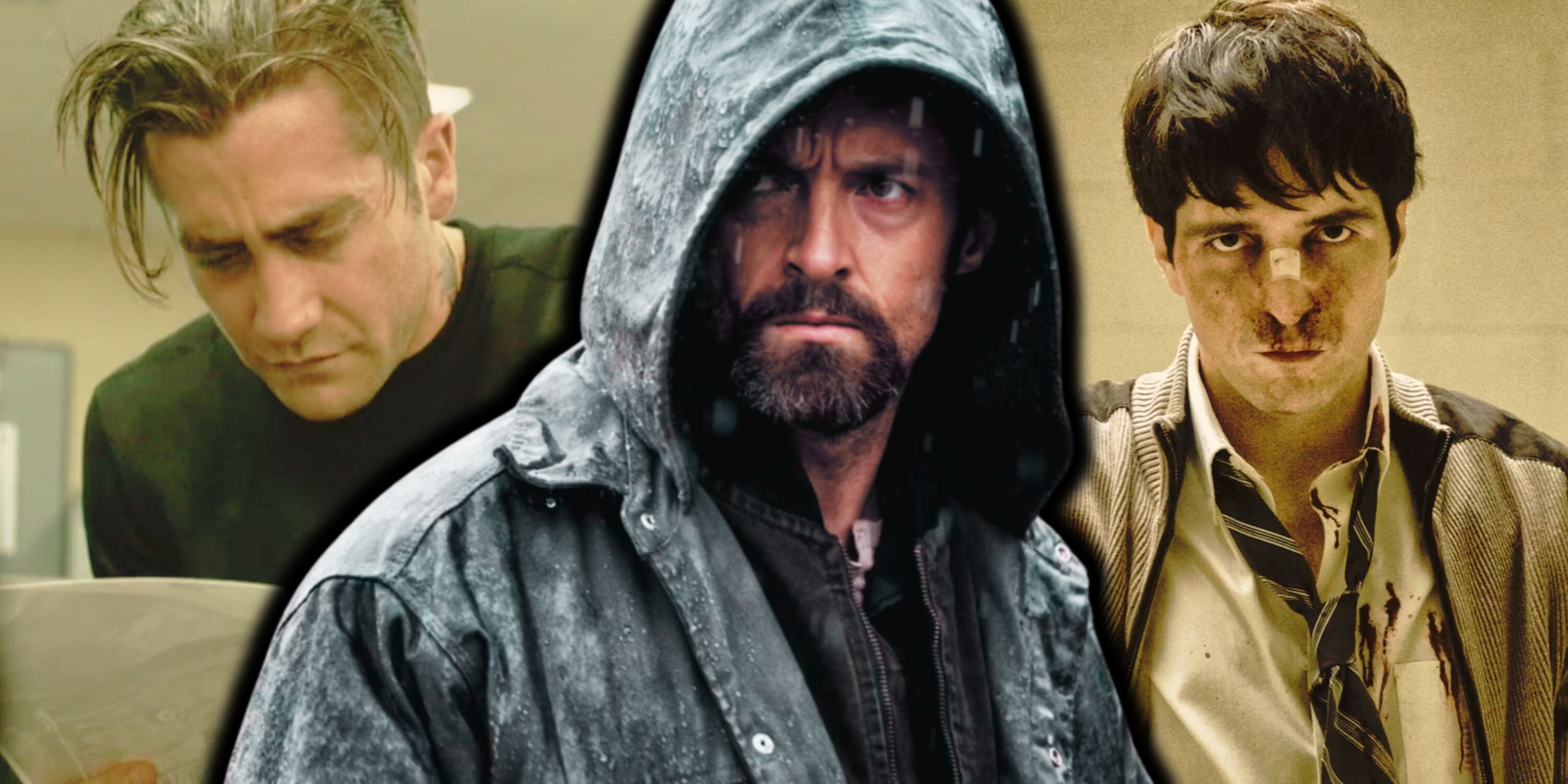 Obraz złożony Jake Gyllenhaal, Hugh Jackman i David Dastmalchian w „Więźniach” 2013
