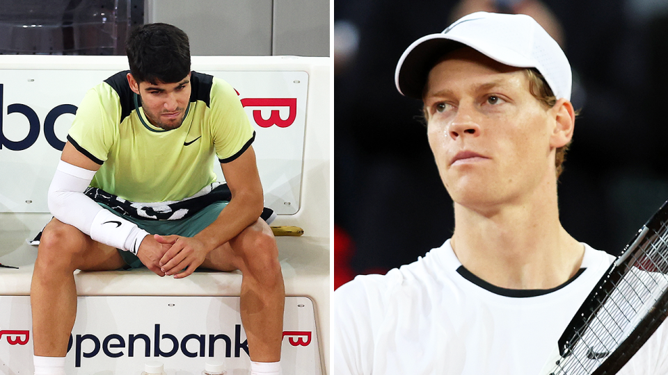 Społeczność tenisowa z niedowierzaniem przyjęła informację, że Jannik Sinner (na zdjęciu po prawej) wycofał się z meczu na Madrid Open z powodu kontuzji, a Carlos Alcaraz został wyeliminowany.  (Getty Images)