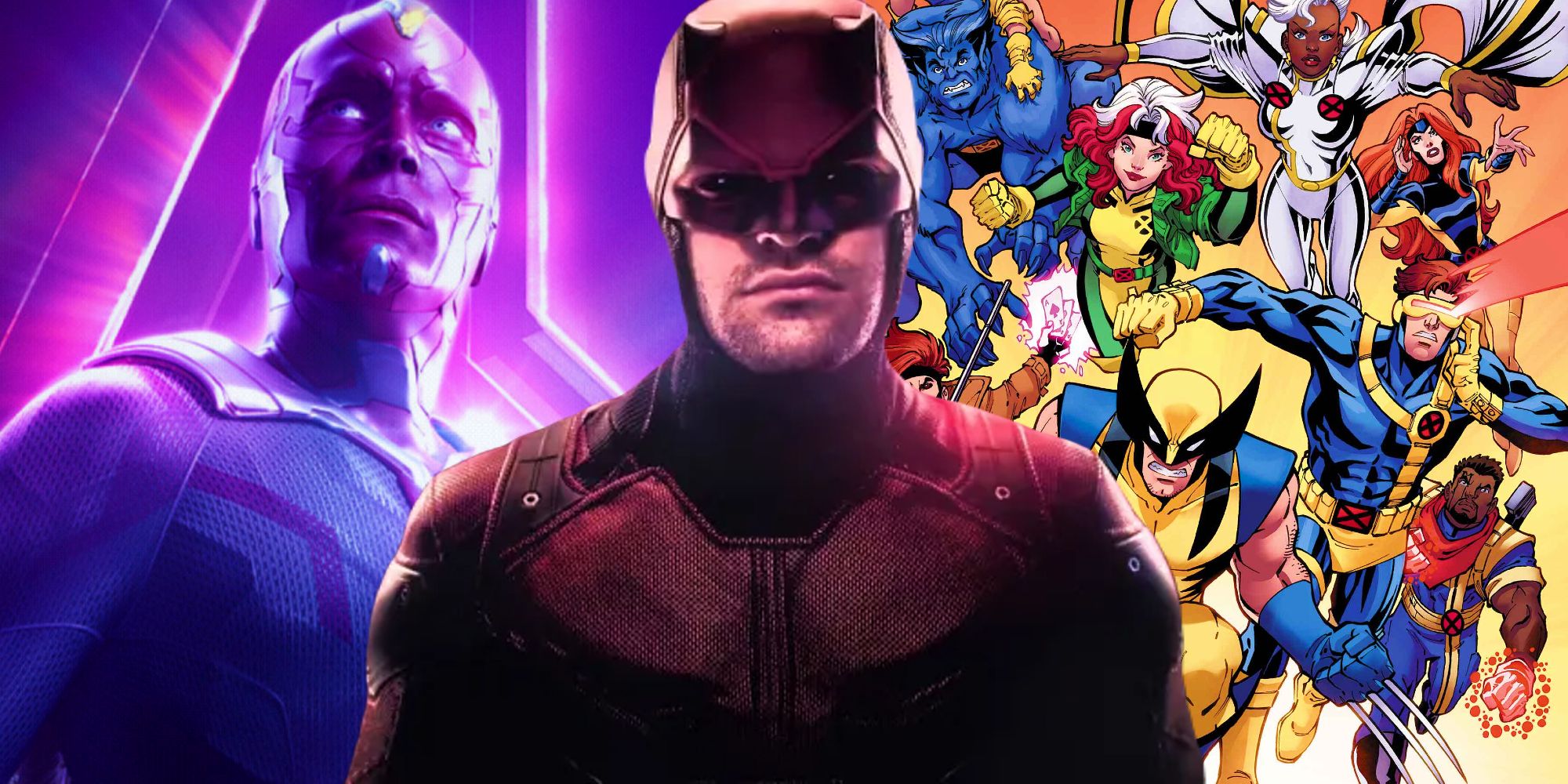 Daredevil uśmiechający się ironicznie pomiędzy Visionem na plakacie z postaciami z Infinity War a składem X-Men '97 w MCU