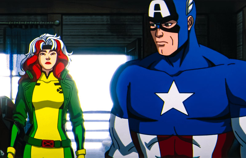 Kadr z X-Men '97 przedstawiający Rogue'a i Kapitana Amerykę.