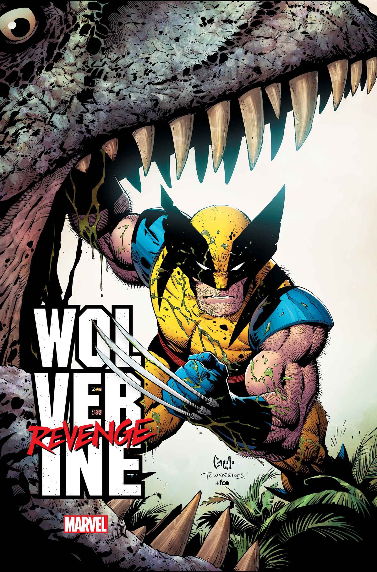 Wolverine wymachuje pazurem na okładce Wolverine: Revenge #1.  Stoi w szczękach czegoś, co wygląda jak tyranozaur, drugą ręką trzymając otwarte usta.