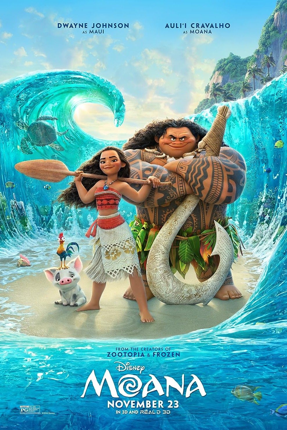 Moana, Maui, Hei Hei i Pua pozują na plakacie filmu Moana