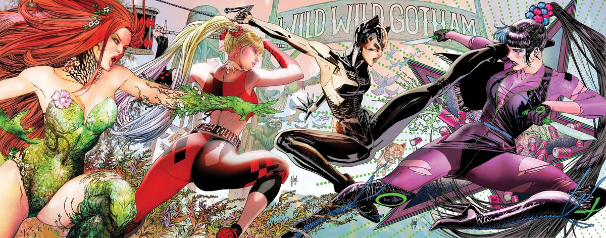 Poison Ivy, Harley Quinn i Kobieta-Kot walczą z Punchline na połączonym zdjęciu na czterech okładkach.