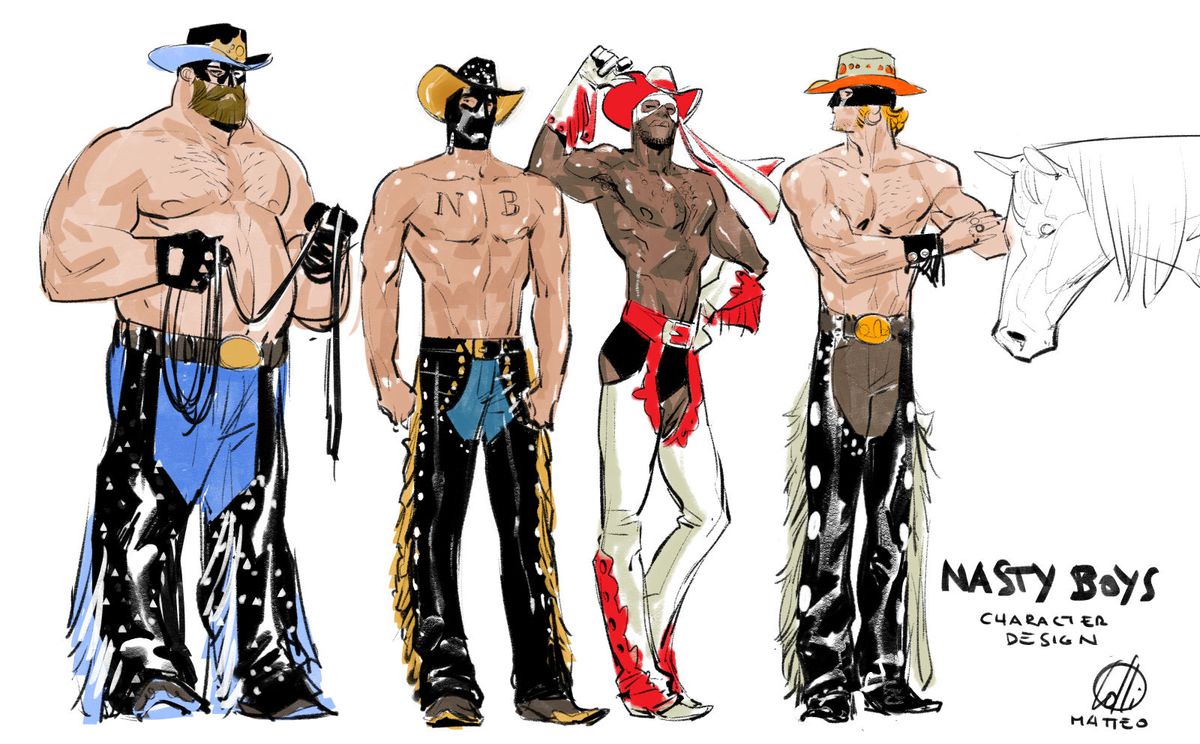 Projekty postaci przedstawiające czterech mężczyzn o różnej budowie ciała i kolorze skóry, wszyscy bez koszul od pasa w górę, w kowbojskich kapeluszach, maskach i czapkach z frędzlami na spodniach.