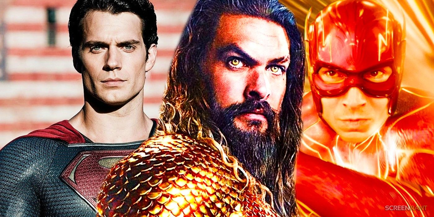 Henry Cavill Superman w „Człowieku ze stali”, Jason Momoa Aquaman w „Aquamanie” z 2018 r. i Flash Ezry Millera w „Flashu” z 2023 r.
