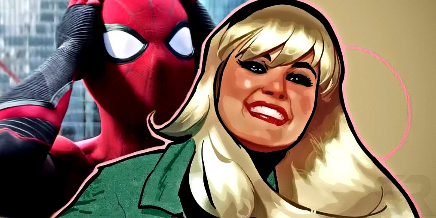 Spider-Man trzymający się za głowę w szoku (po lewej, w tle) i uśmiechnięta Gwen Stacy (po prawej, na pierwszym planie)