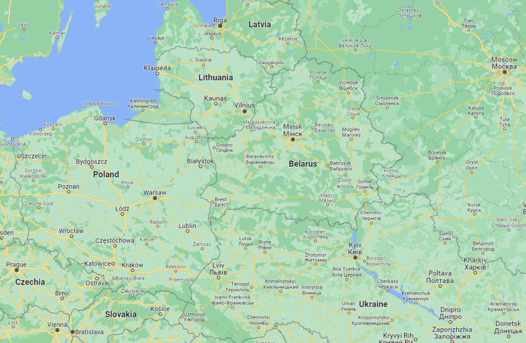 Mapa Polski, Białorusi, Litwy, Łotwy, Ukrainy i Rosji |  Źródło: Mapy Google 
