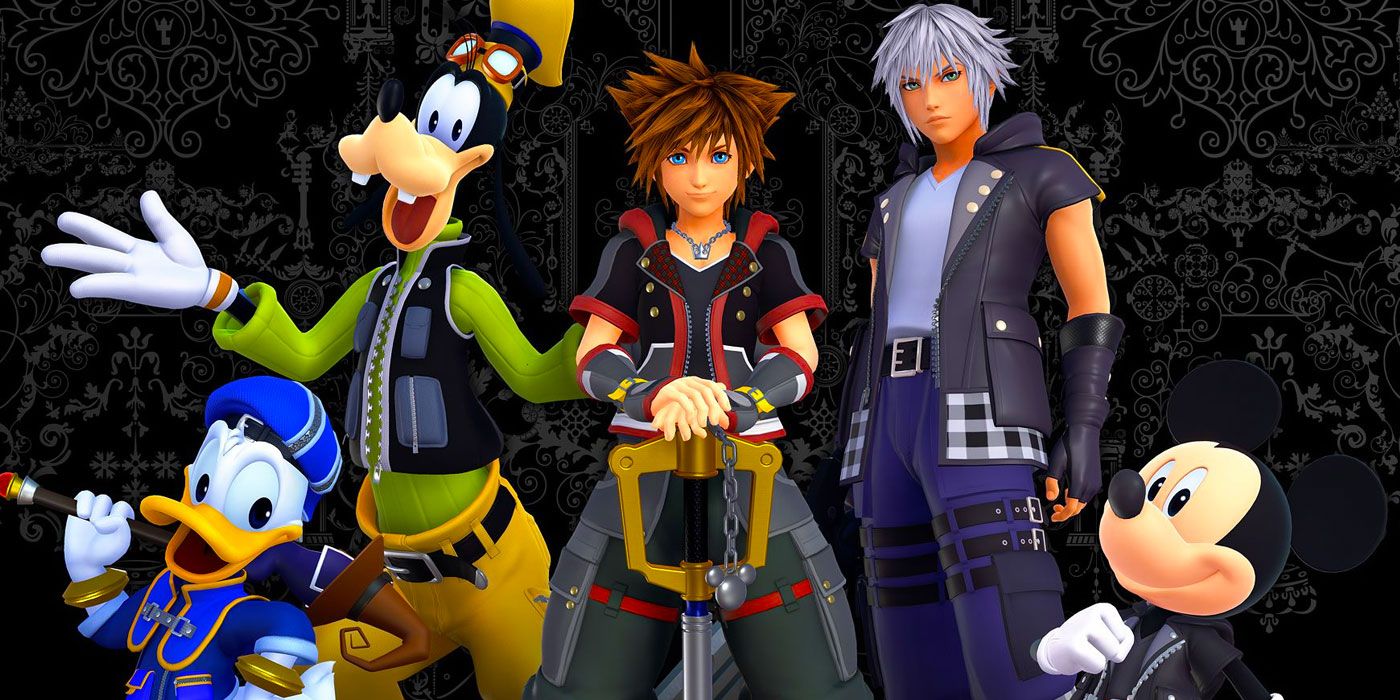 Kaczor Donald, Goofy, Sora, Riku i Myszka Miki widziani w Kingdom Hearts III.