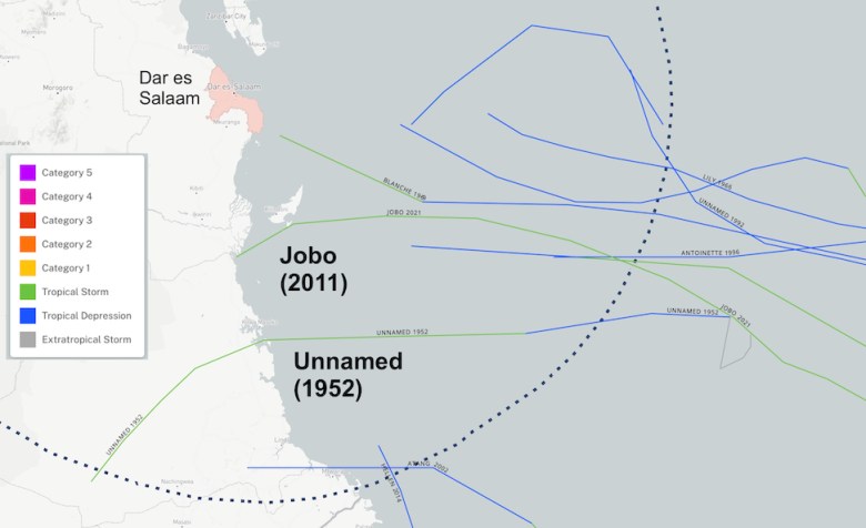 Mapa przedstawiająca cyklony tropikalne zmierzające w stronę Tanzanii