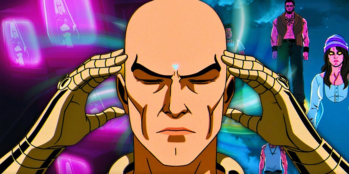 Niestandardowy obraz profesora X używającego swoich mocy na tle strażników i ekranów w X-Men '97