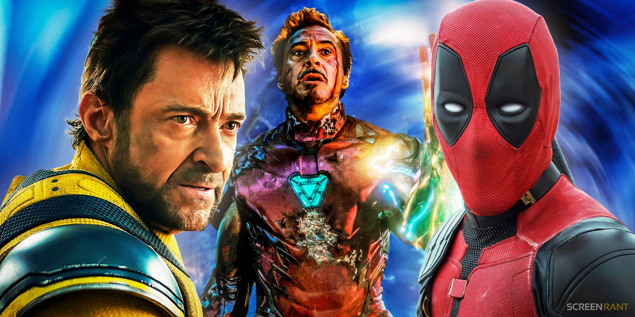Deadpool i Wolverine z filmu Deadpool i Wolverine z 2024 r. oraz Iron Man rzucający rękawicę w Avengers: Endgame z niebieskim tłem