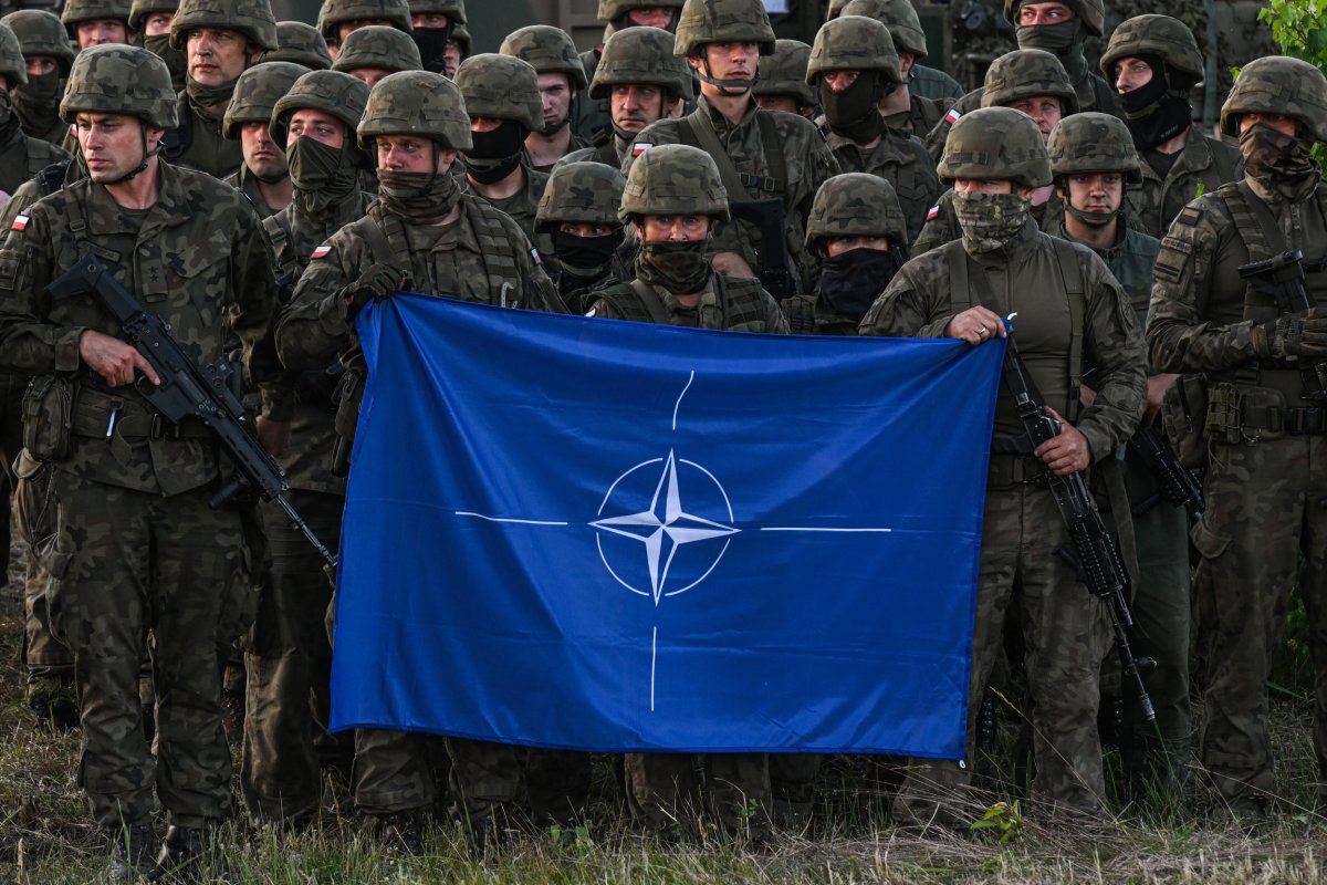 Polscy żołnierze trzymają flagę NATO