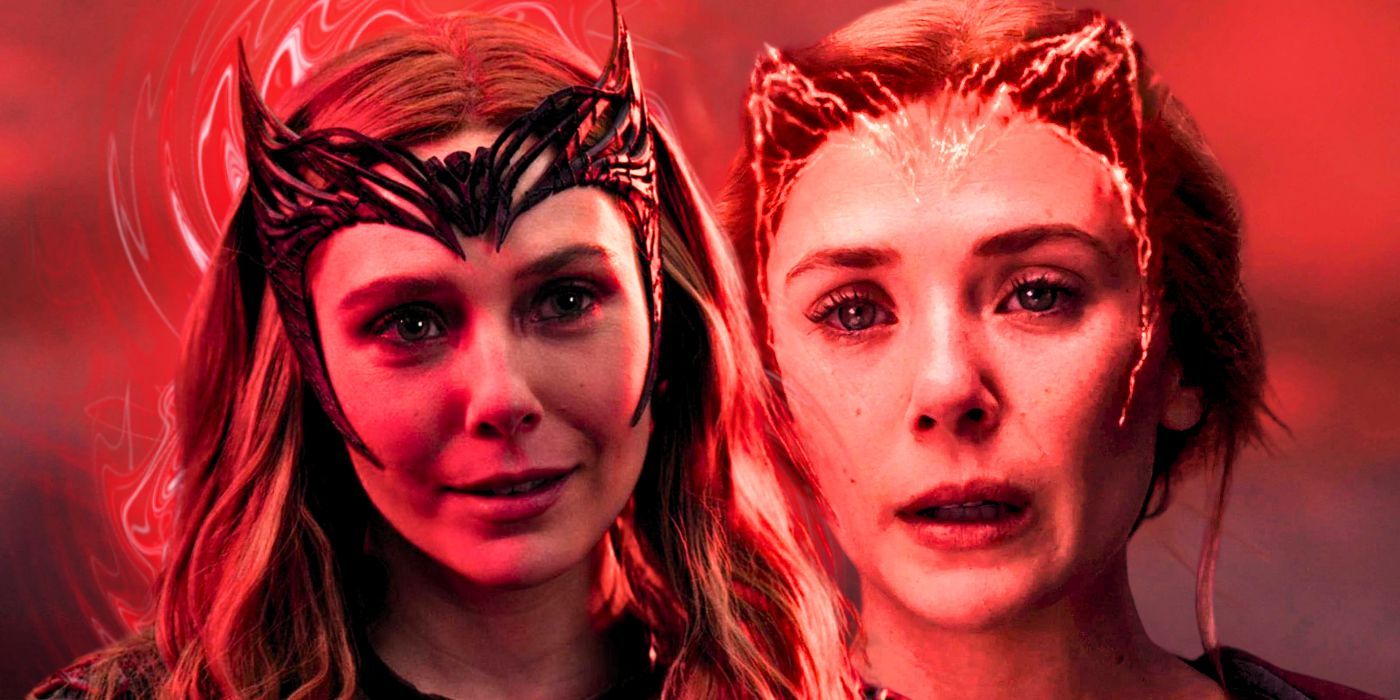 Podzielony obraz zawierający dwa zdjęcia Wandy Maximoff/Scarlet Witch w MCU