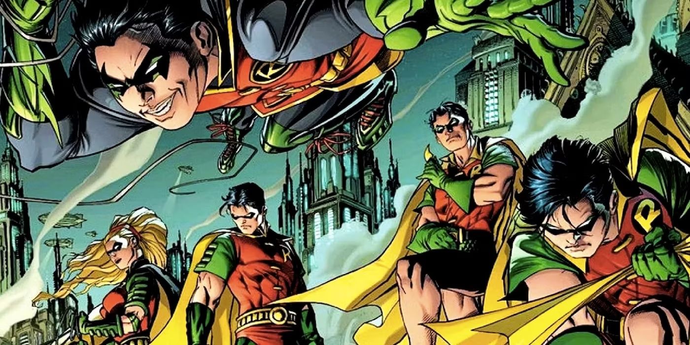 Wiele wersji Robina, bohatera DC z całej historii wydawcy, razem w jednym panelu.