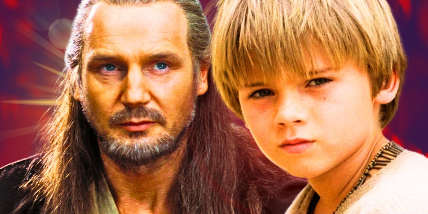 Liam Neeson jako Qui-Gon Jinn w Mrocznym widmie po lewej i Jake Lloyd jako Anakin Skywalker w Mrocznym widmie po prawej na połączonym zdjęciu