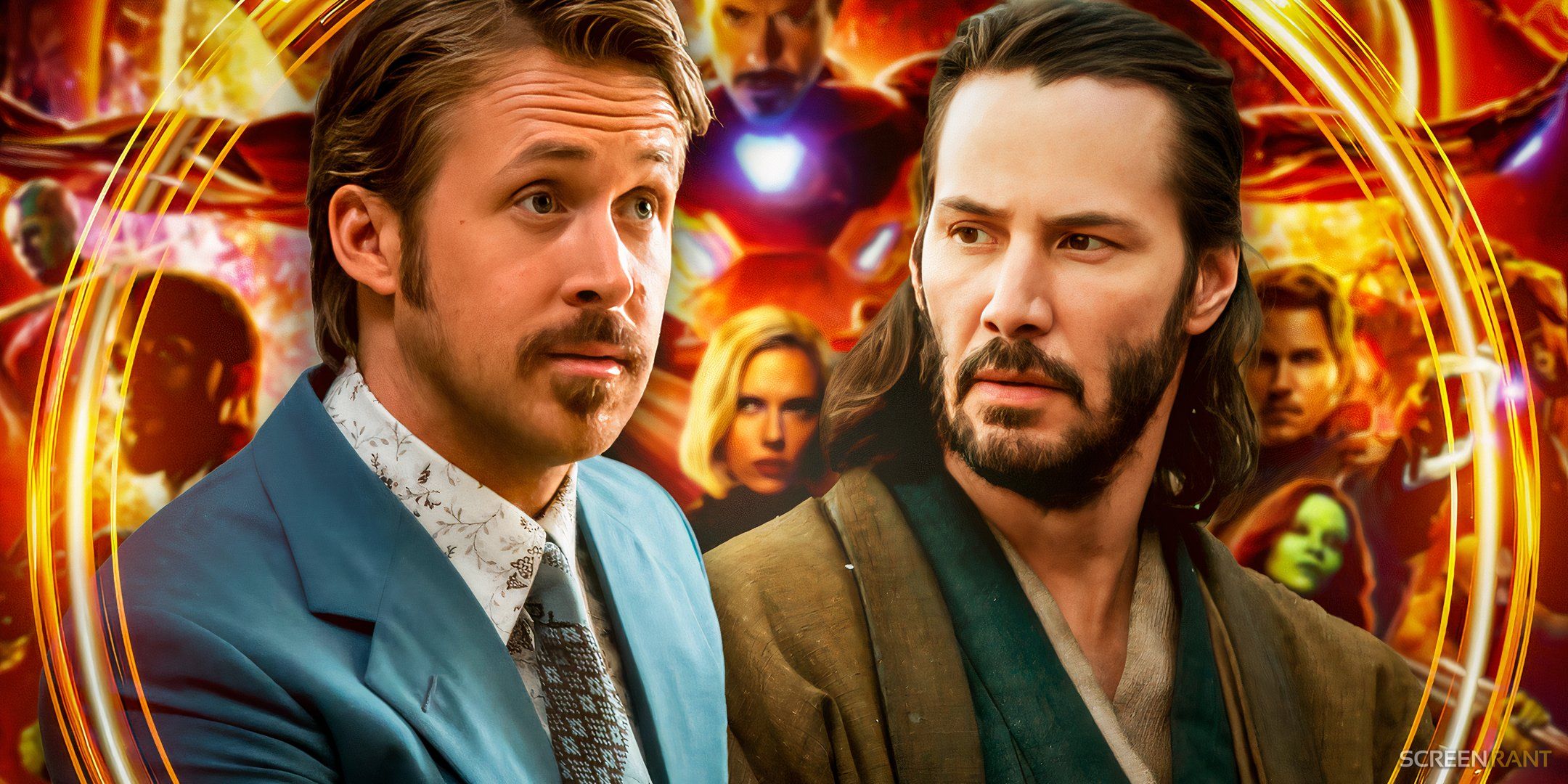 (Ryan Gosling jako Holland March) z The Nice Guys i (Keanu Reeves jako Kai) z 47 Ronin przed plakatem Avengers: Infinity War