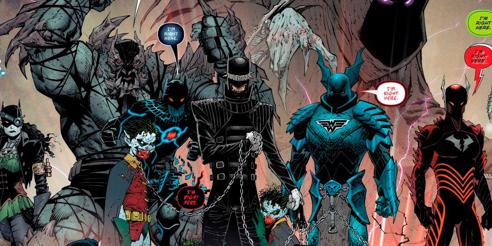 Zli Batmanowie z Dark Multiverse prowadzeni przez Batmana, który się śmieje w DC Comics