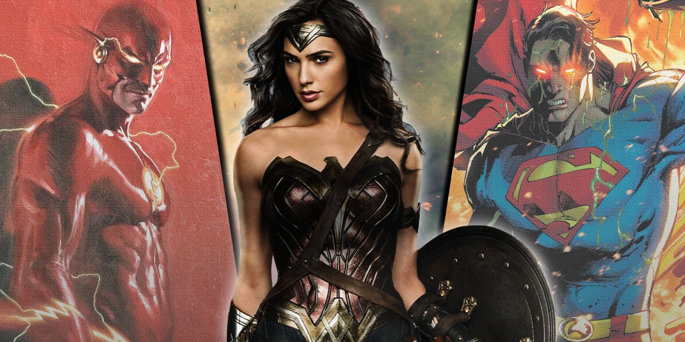 Podzielony obraz Wonder Woman z DCEU z Flashem i Supermanem z DC Comics