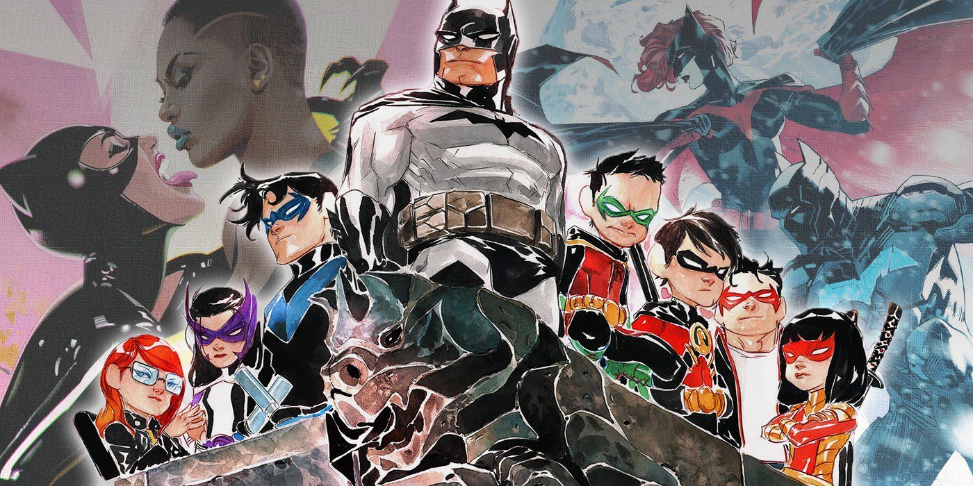 Rodzina Bat Li'l Gothama z Kobietą-Kotem i Onyksem oraz Batwoman i Batwingiem w tle z DC Comics