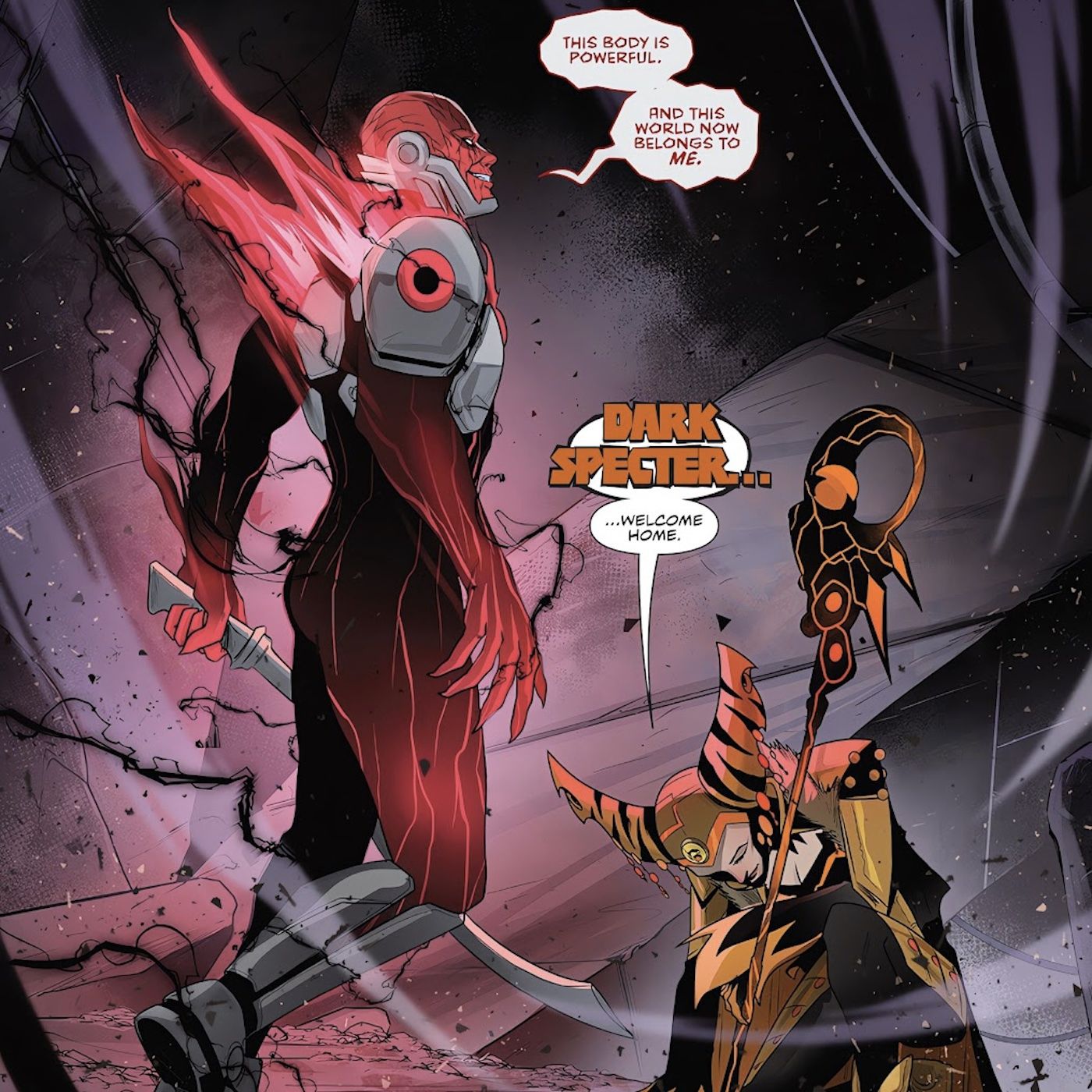 Dark Spectre używa ciała Zordona, gdy Mistress Vile klęka przed nim 