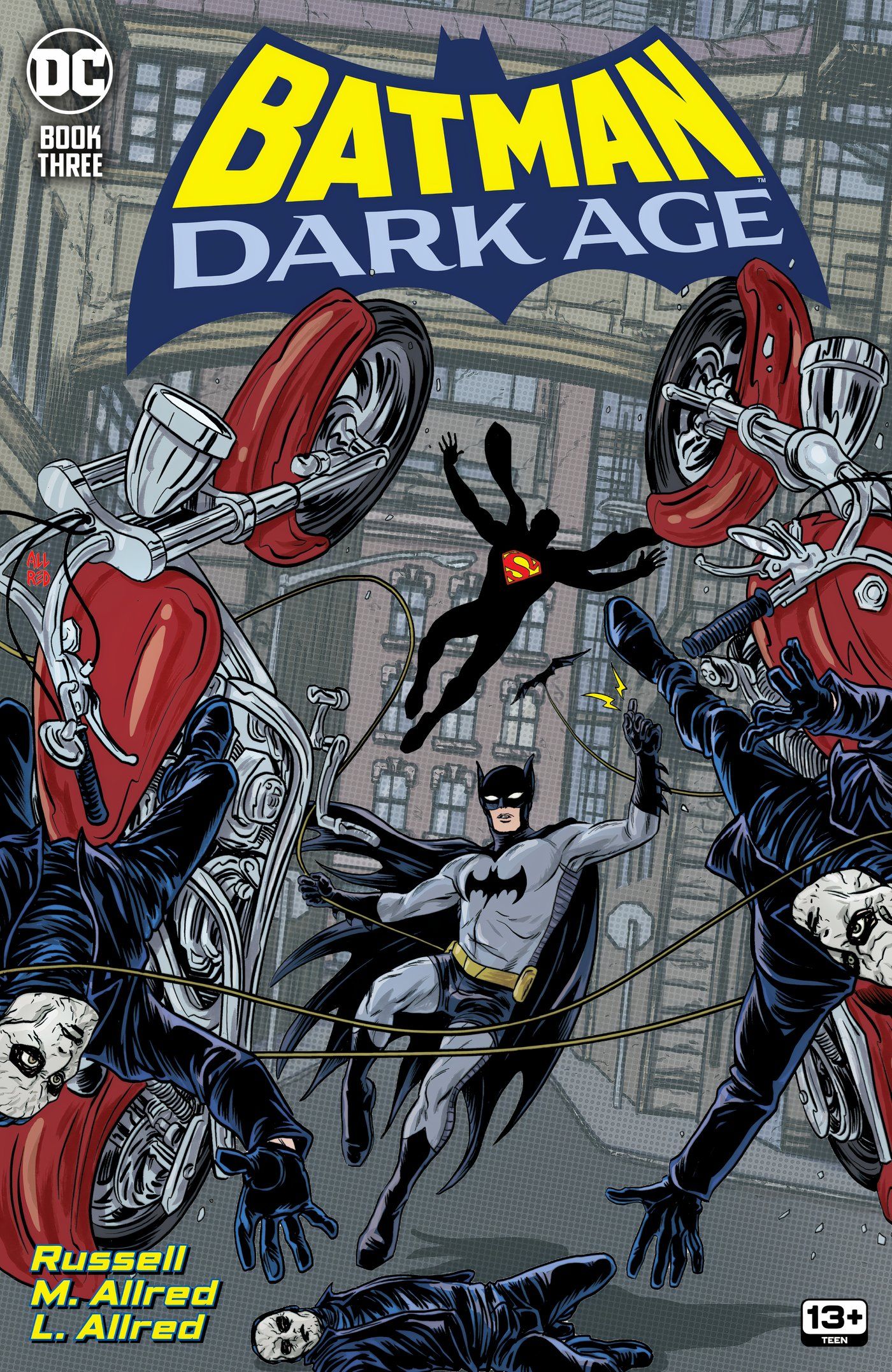 Główna okładka Batman Dark Age 3: Batman walczący ze zbirami na motocyklach z Supermanem za nim.