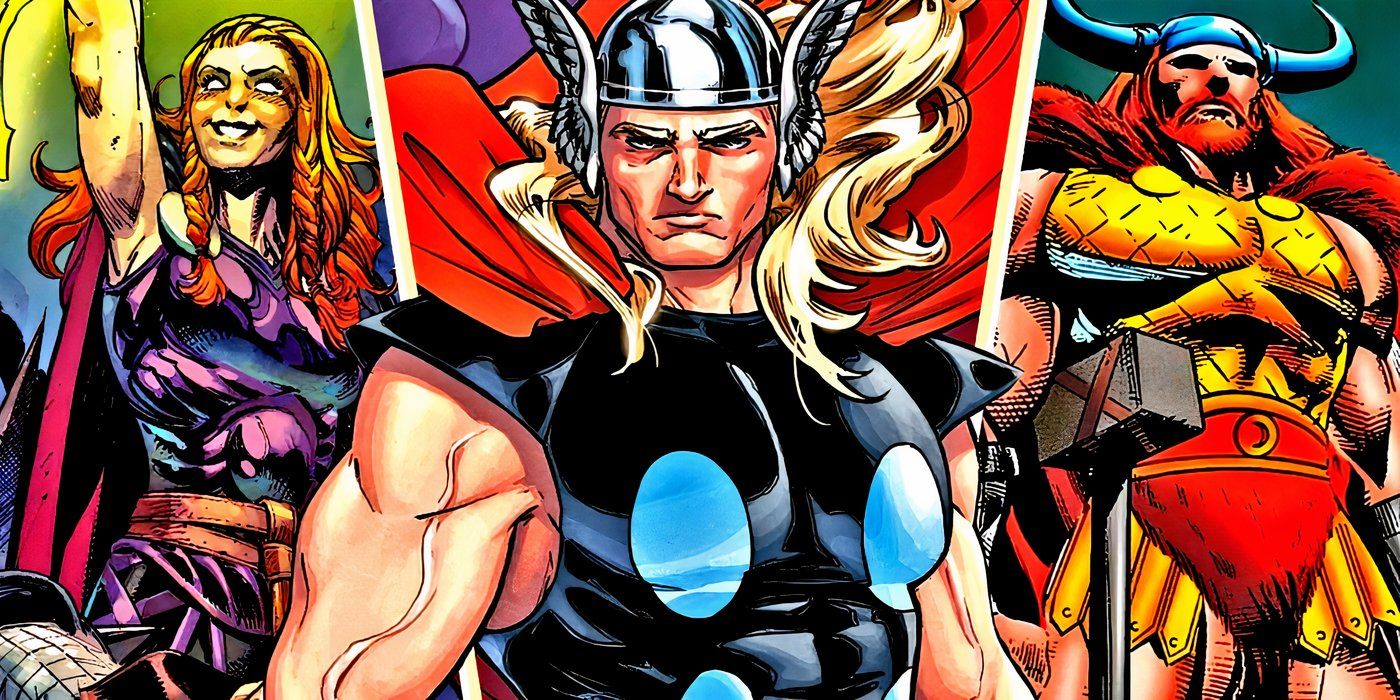Thor z Marvel Comics z dwójką rodzeństwa za nim.