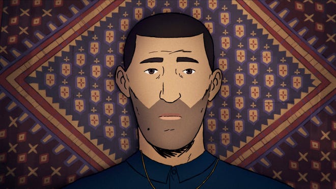 Kadr przedstawiający mężczyznę z animowanego filmu dokumentalnego Uciekaj