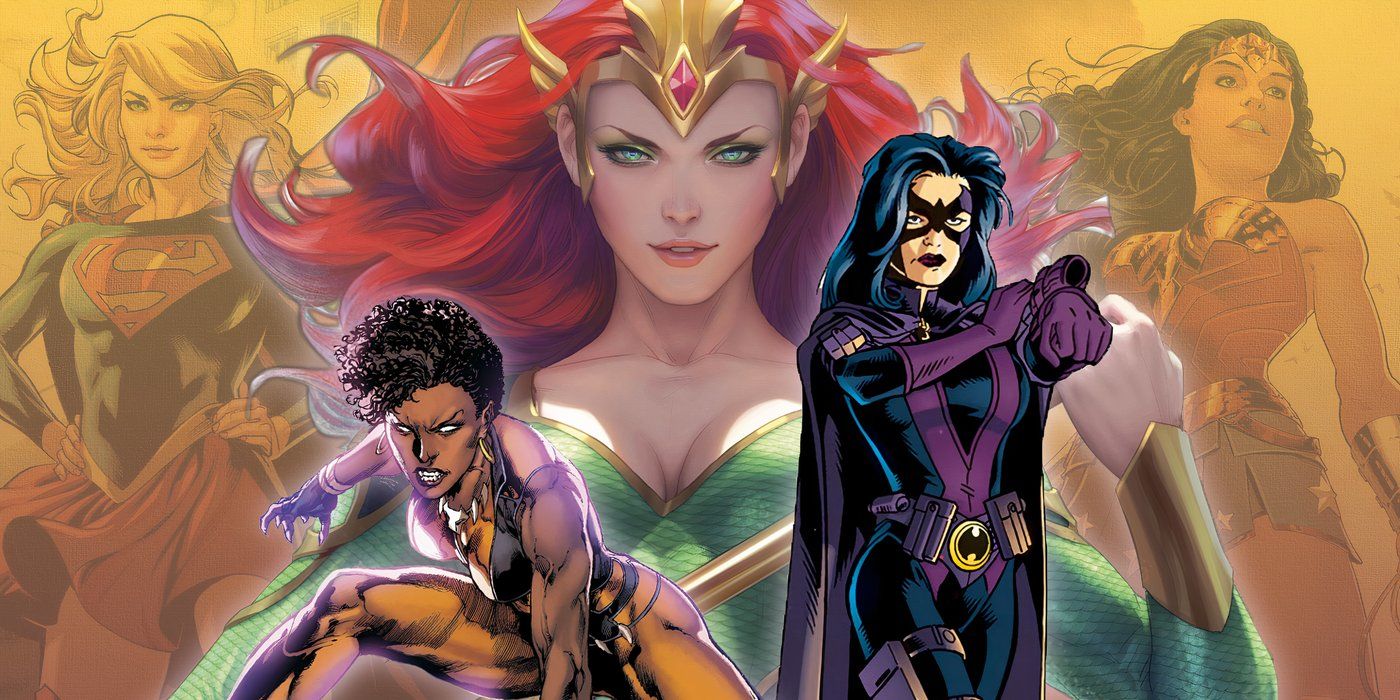 Podzielone zdjęcie Mery, Vixen i Łowczyni z Wonder Woman i Supergirl w tle