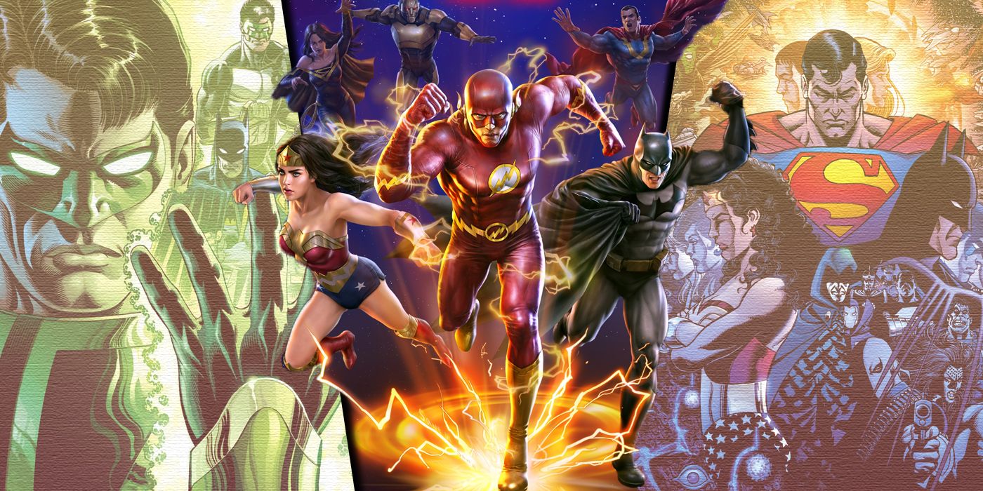 Podzielony obraz okładek Crisis on Infinite Earths, Infinite Crisis i Zero Hour z DC Comics