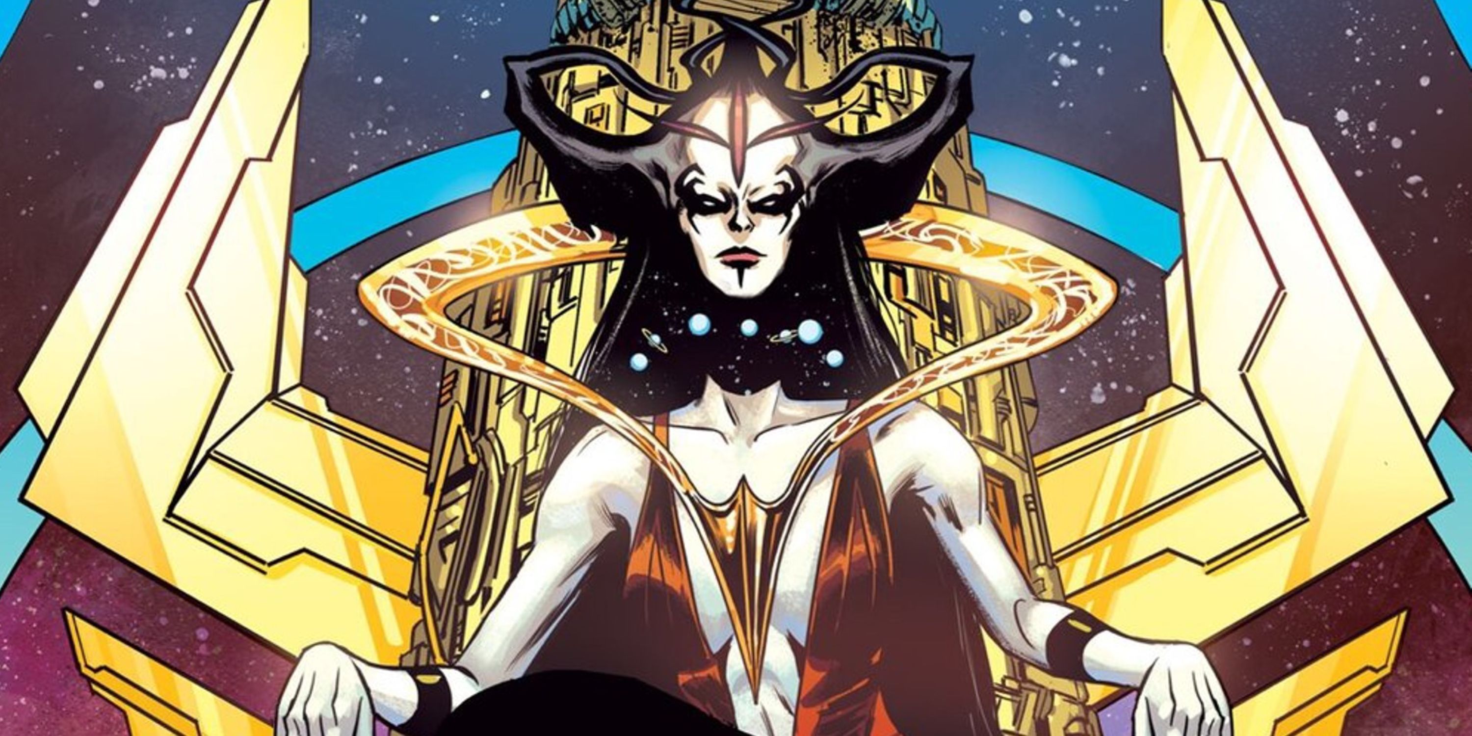 Perpetua nosi swoją skręconą koronę i zasiada na swoim niebiańskim tronie w DC Comics