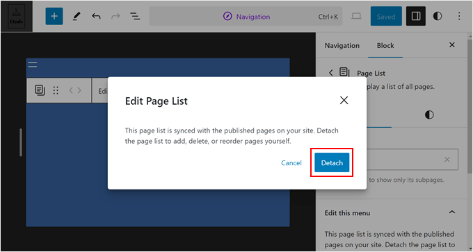 Odłączanie bloku listy stron z menu nawigacyjnego w Full Site Editor