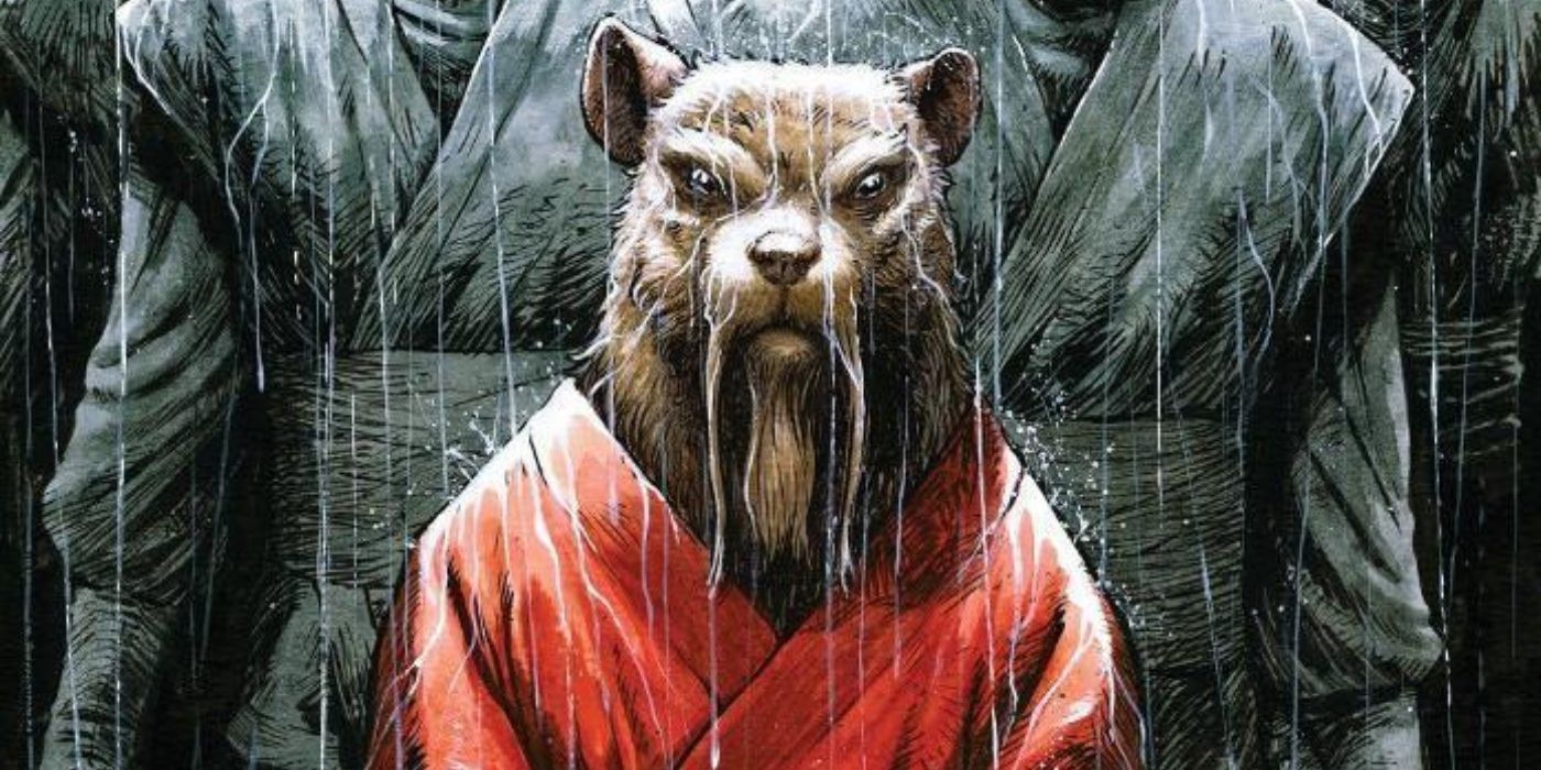 Splinter TMNT w ulewnym deszczu, z dwoma ninja po bokach (w tle).