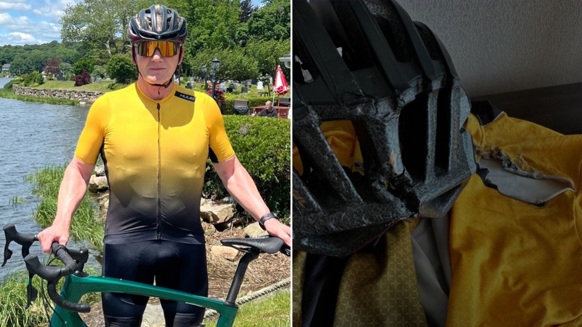 Zdjęcia stroju rowerowego Gordona Ramsaya przed i po wypadku