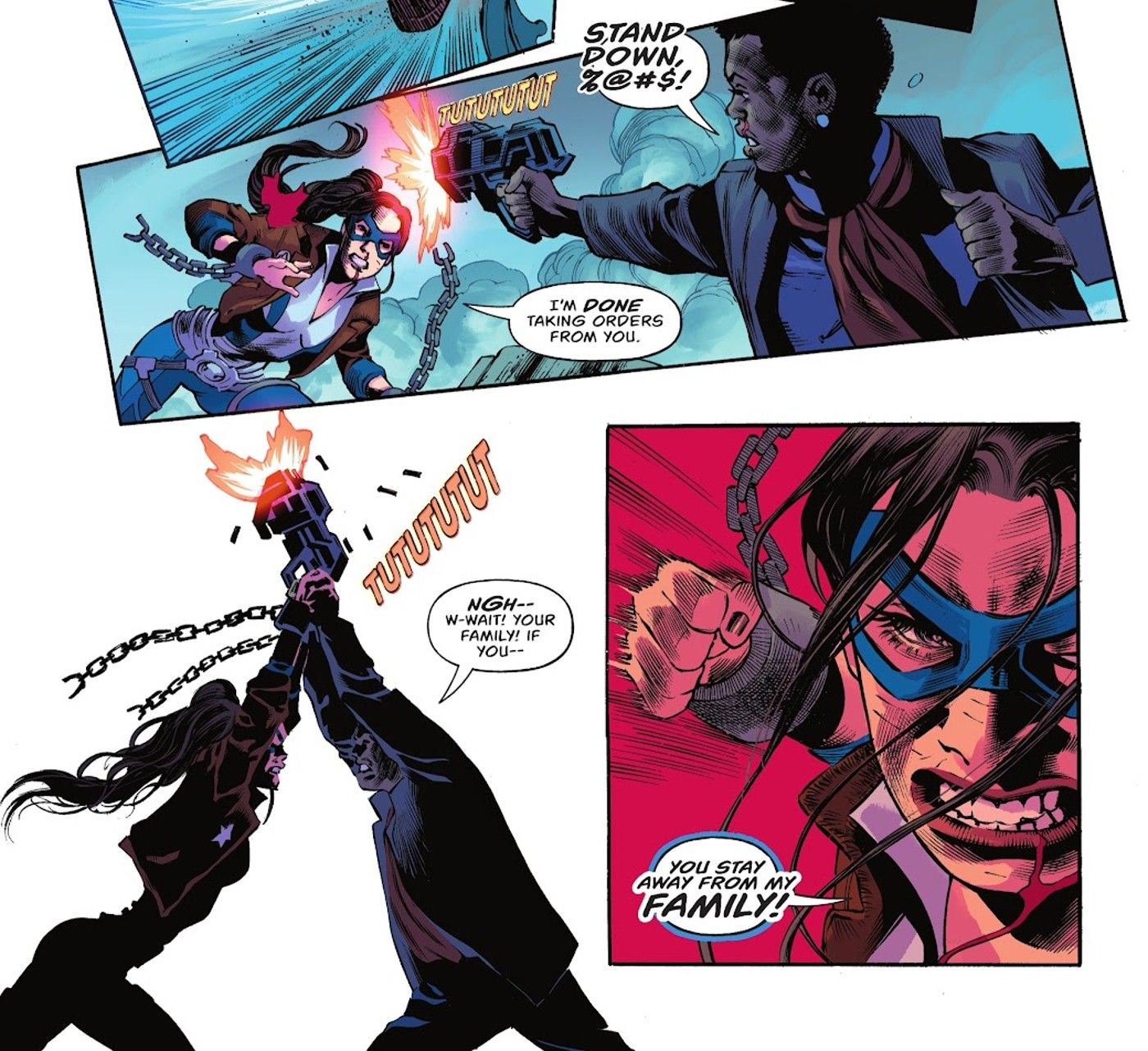 Panele z komiksów: Dreamer walczy z Amandą Waller z łańcuchami na nadgarstkach.