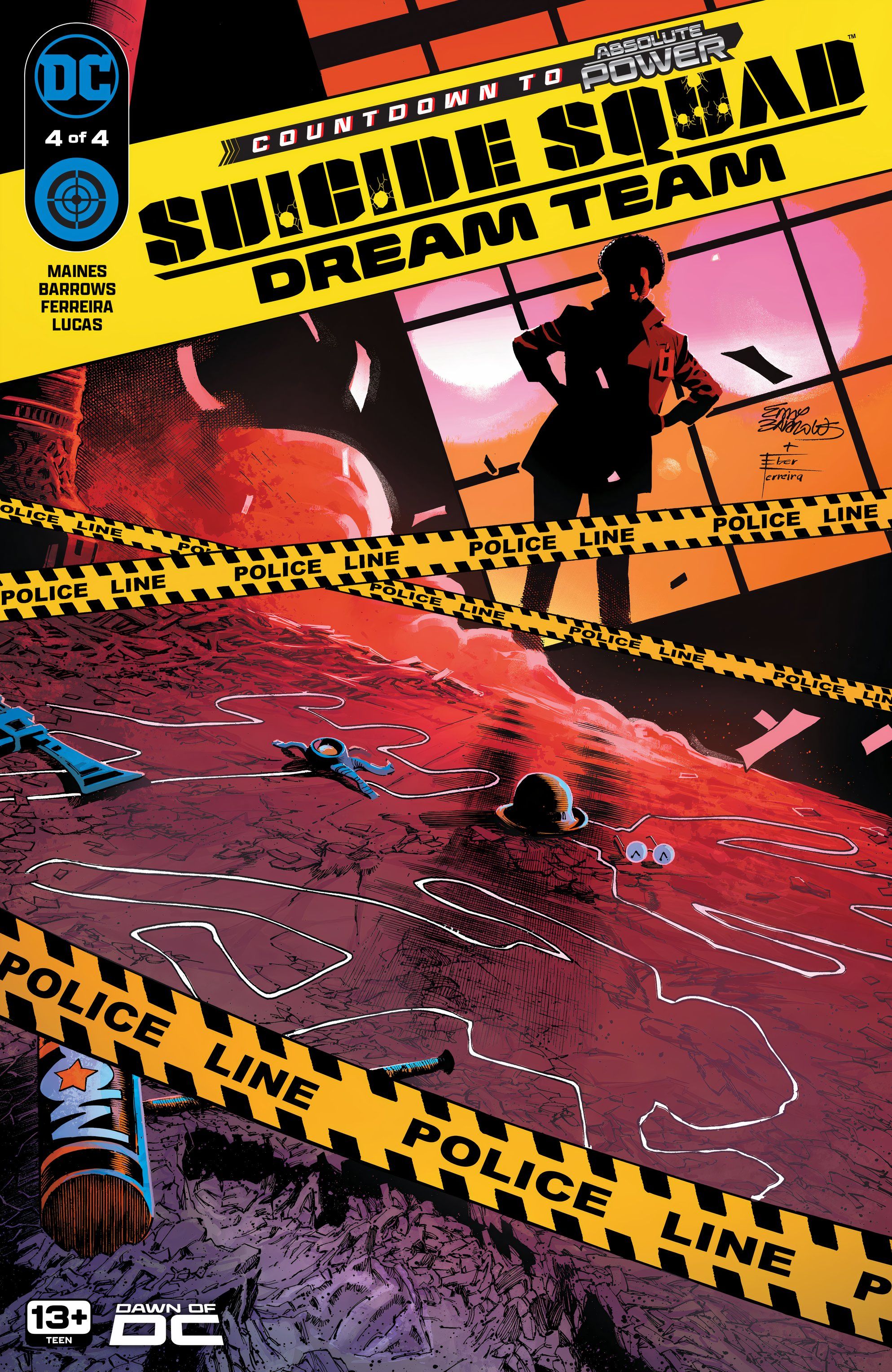 Legion samobójców Dream Team 4 Okładka główna: Amanda Waller przygląda się dowodom na miejscu zbrodni za pomocą policyjnej taśmy.