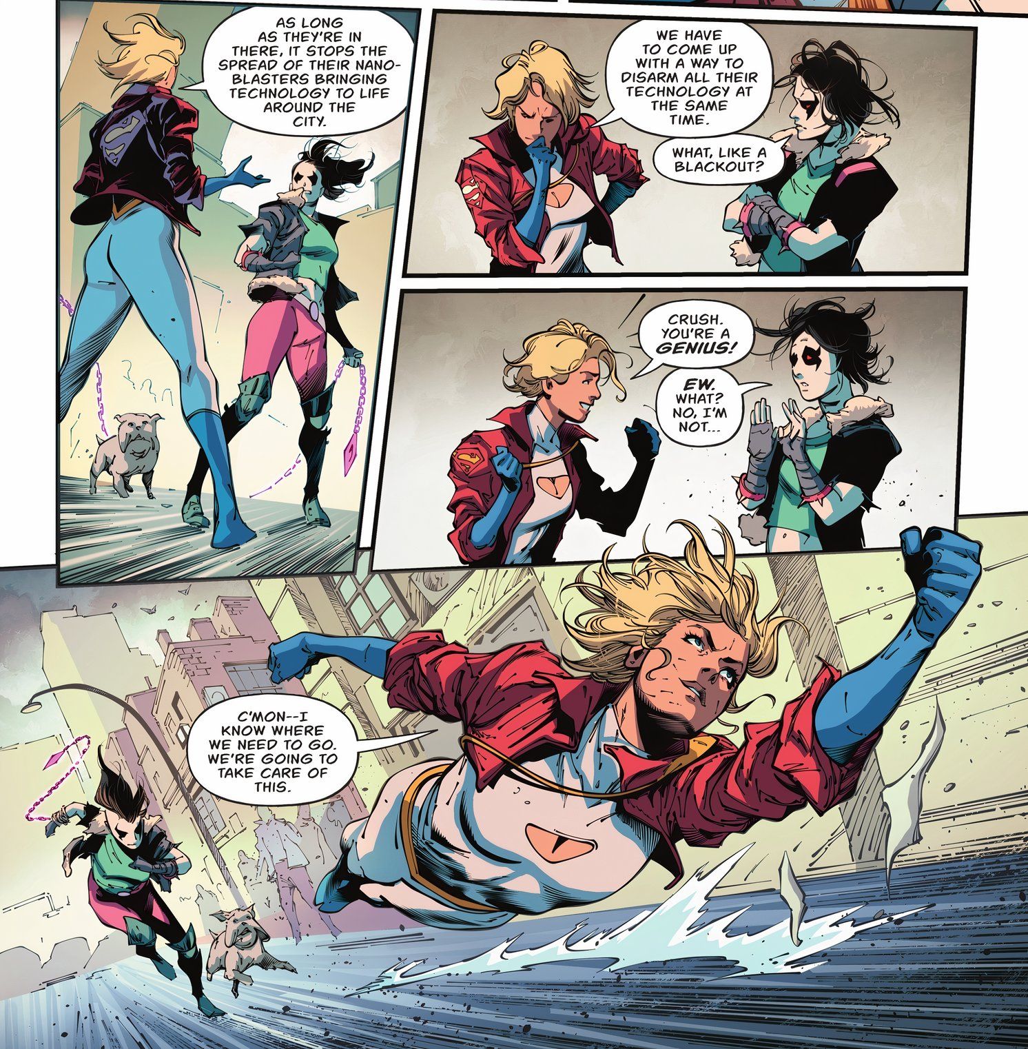 Panel komiksowy: Crush i Dawg podążają za Power Girl przez Metropolis.