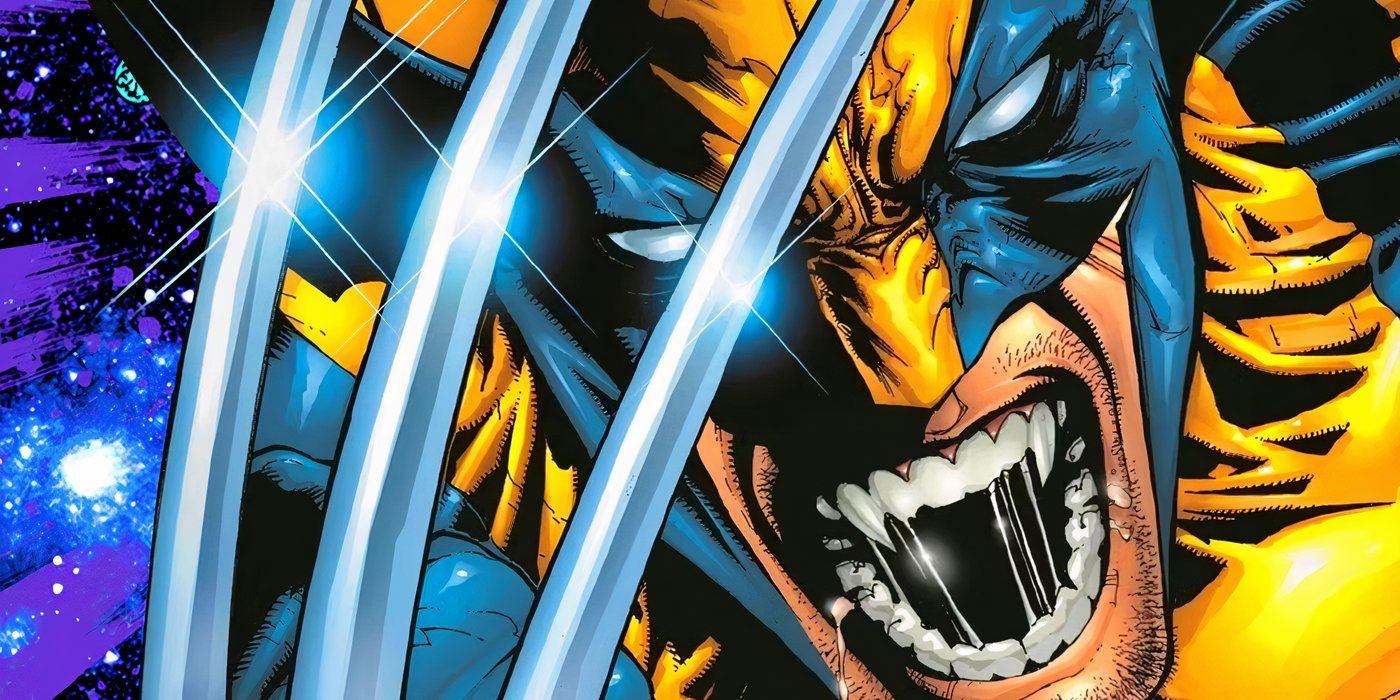 Zbliżenie na Wolverine'a warczącego i pokazującego pazury na kosmicznym tle.